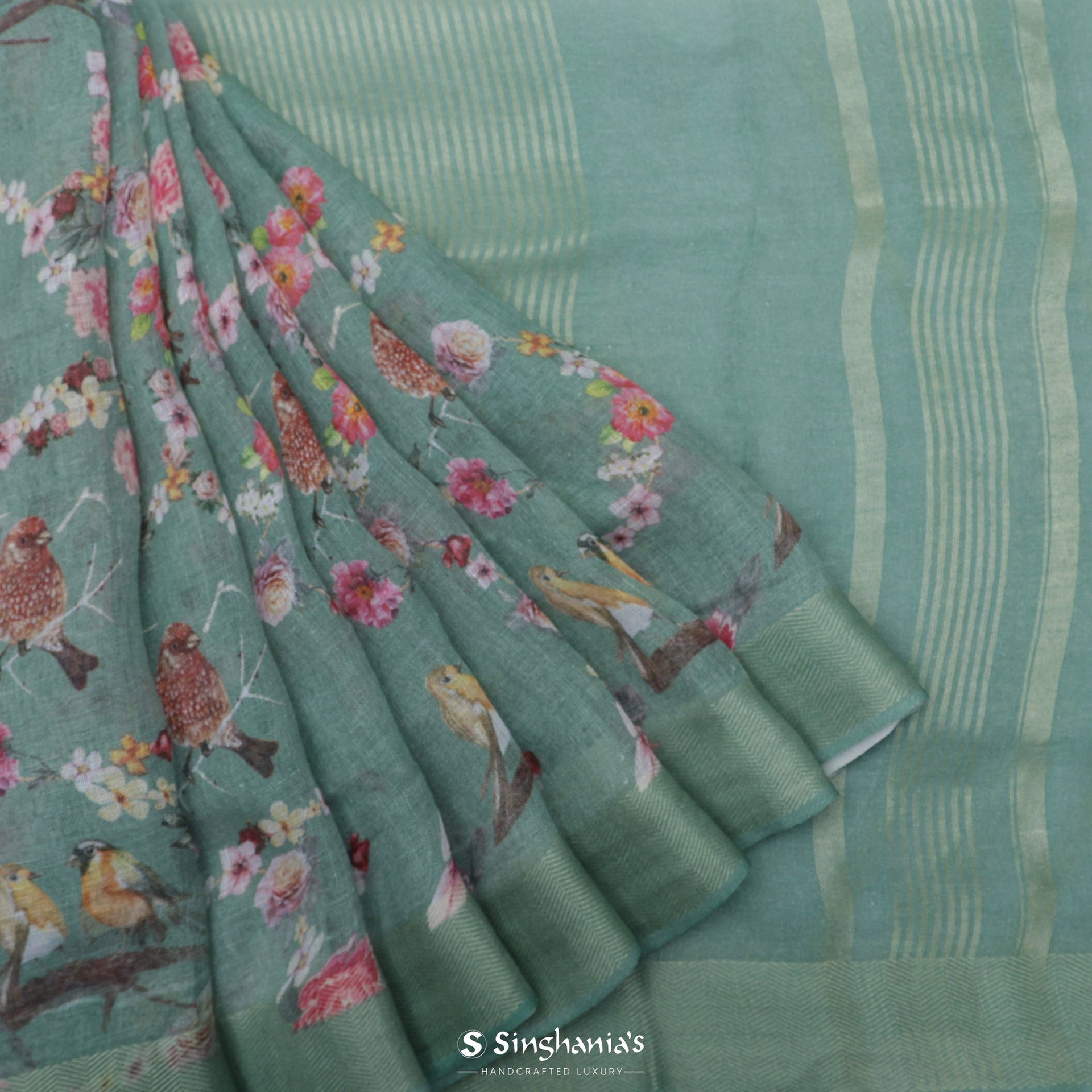 Turquoise Green Printed Linen Saree With Floral Bird Design