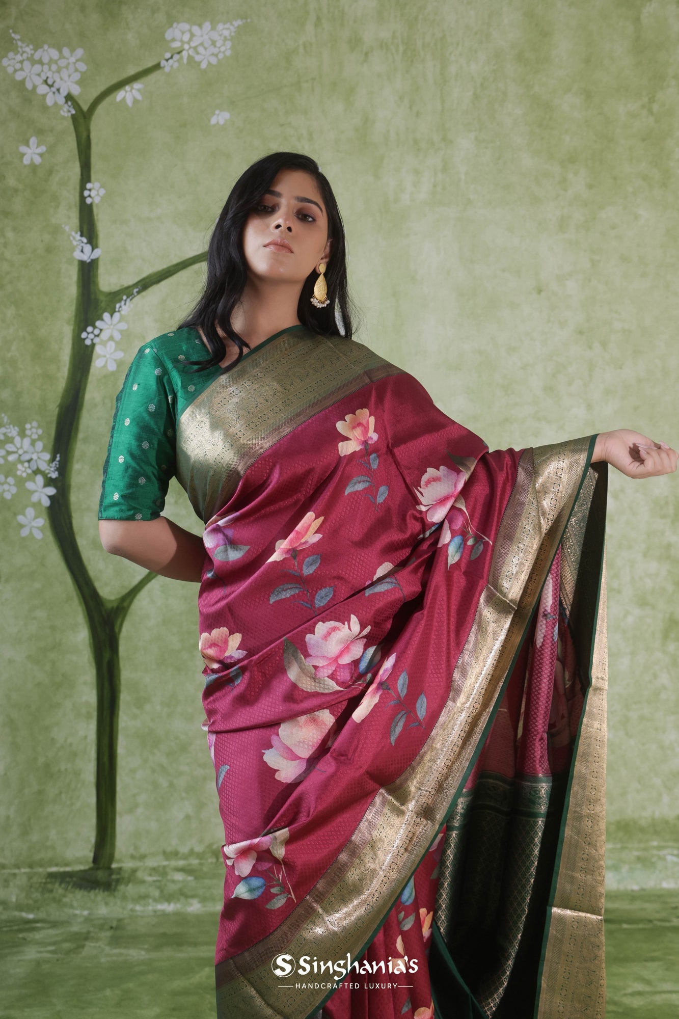 Burgundy Red Printed Kanjivaram Silk Saree