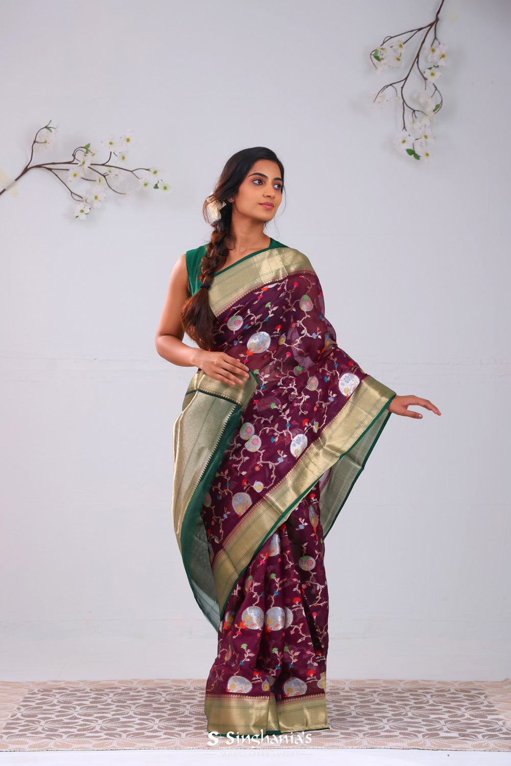 Byzantium Purple Banarasi Kota Silk Saree With Floral Patterns