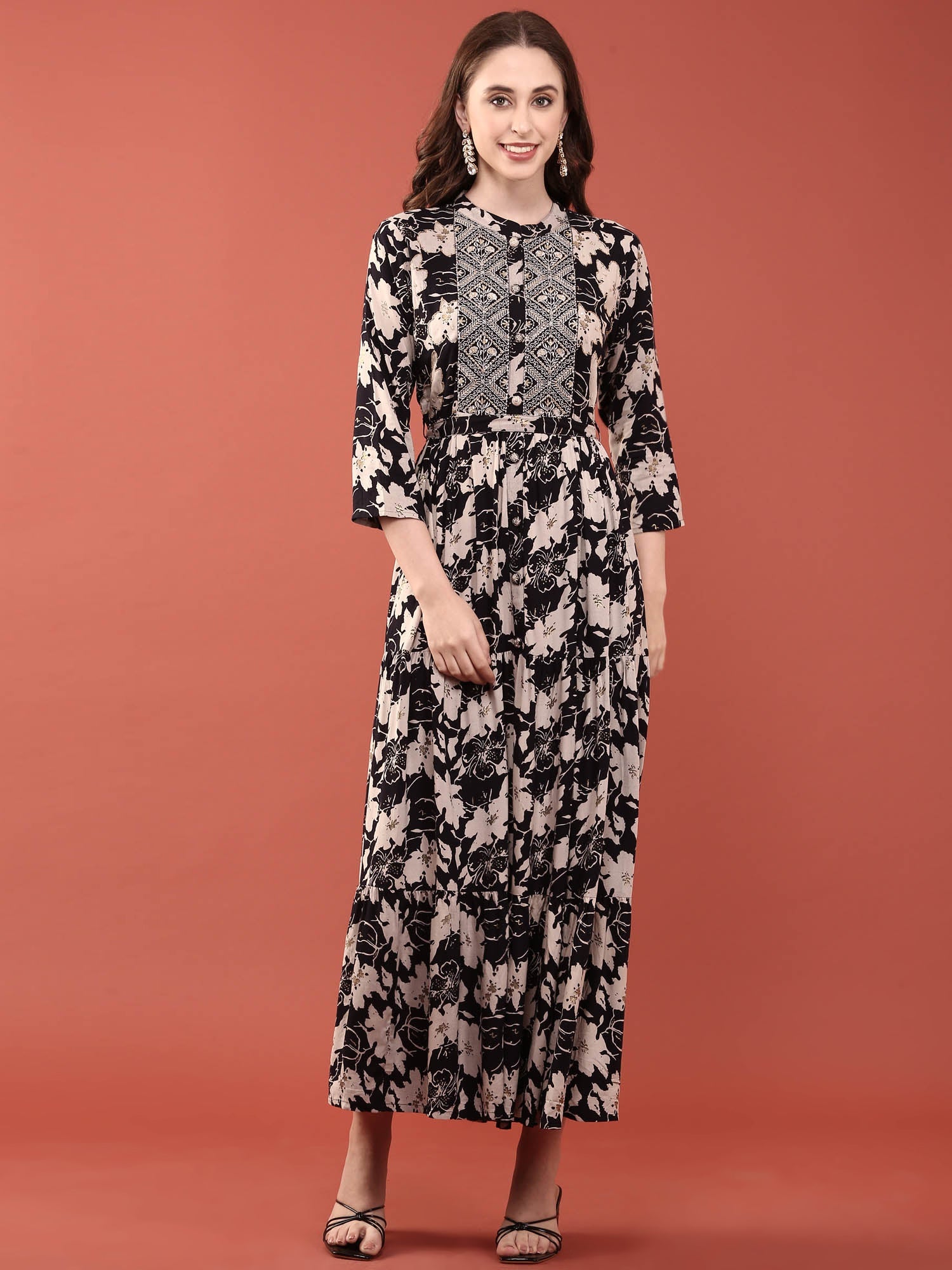 Black Rayon Floral Digital Print Long Dress