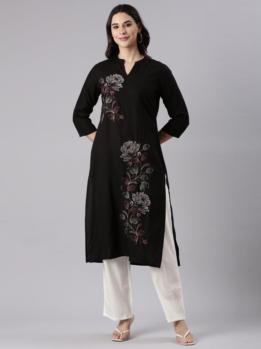 Black Rayon Embroidered Kurta