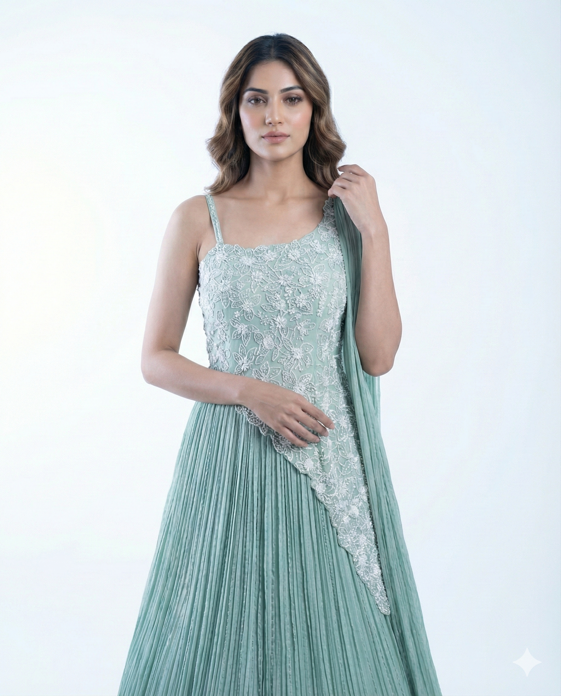 Green Georgette Gown with Heavy Moti Work & Stylish Shoulder Dupatta