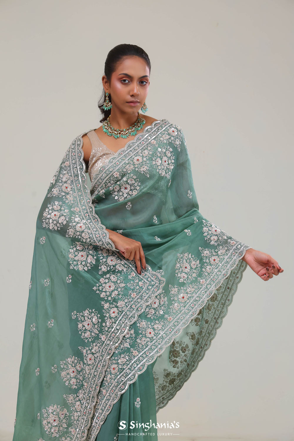 Eucalyptus Green Crafted Buttis Organza Saree