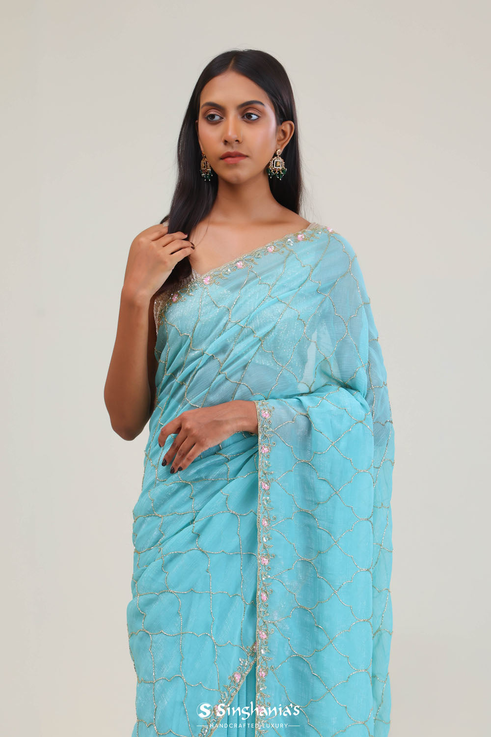 Bright Blue Silk Jaali Crafted Saree
