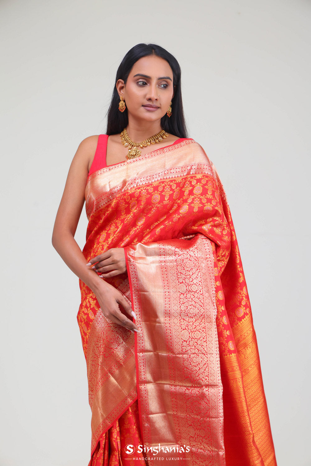 Cadmium Red Kanjivaram Silk Jaal Saree