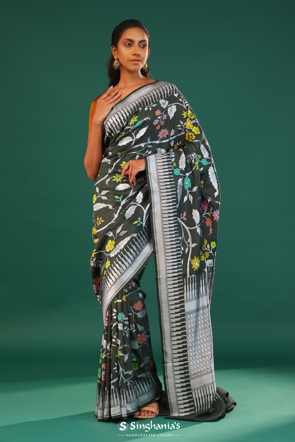 Feldgrau Green Banarasi Tussar Saree With Floral Jaal