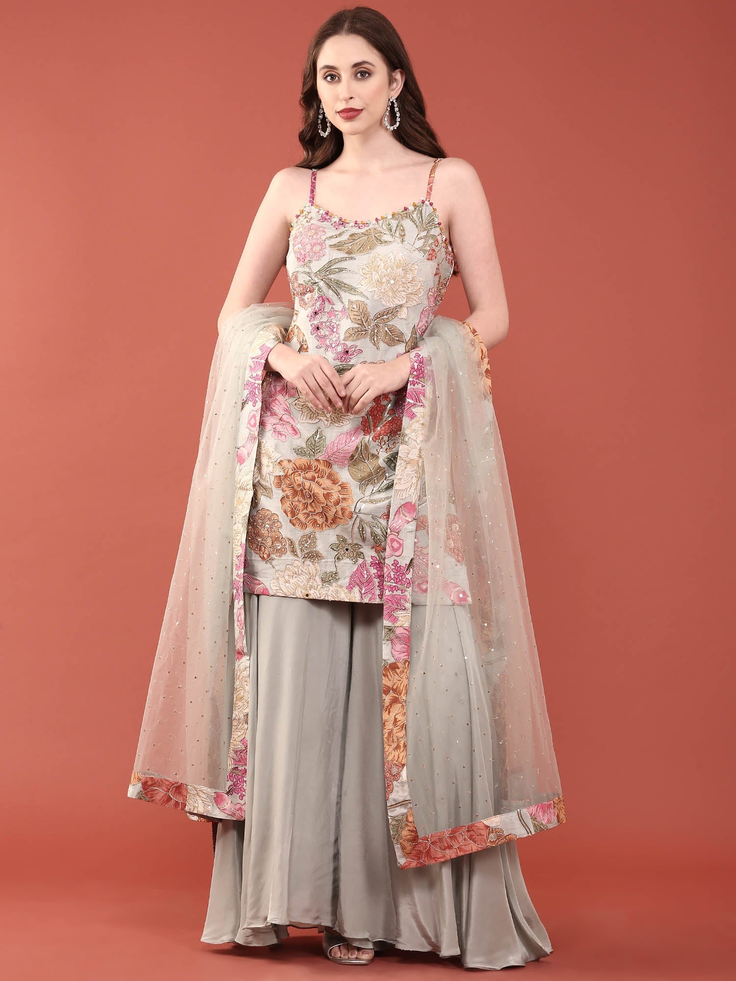 Grey Crepe With Beads And Stones Hand Embroidered Palazzo Set