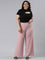 Women Solid Baby Pink Mid Rise Ribbed Palazzos