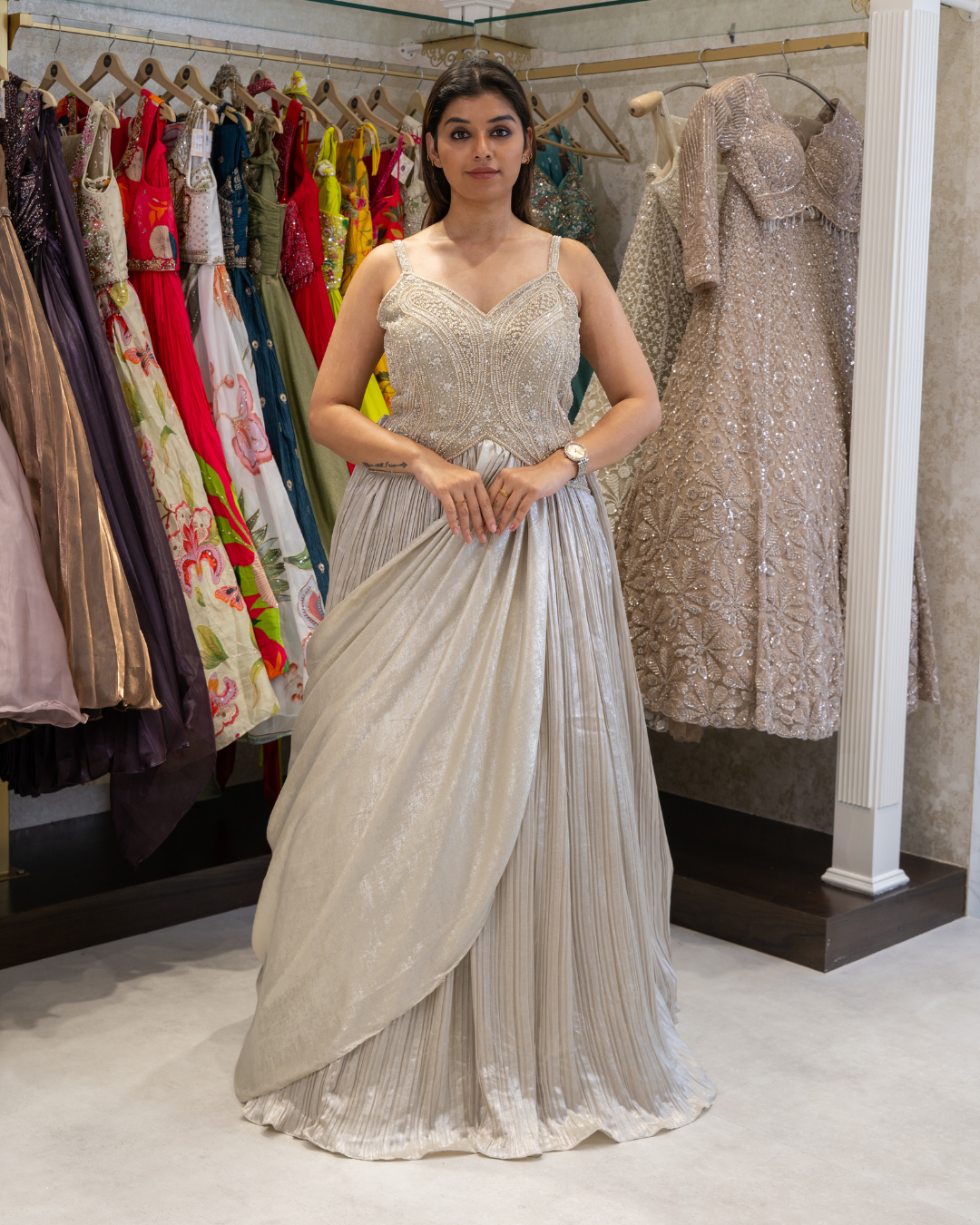 Russian Fabric Indo-Style Gown with Heavy Stone Work Top
