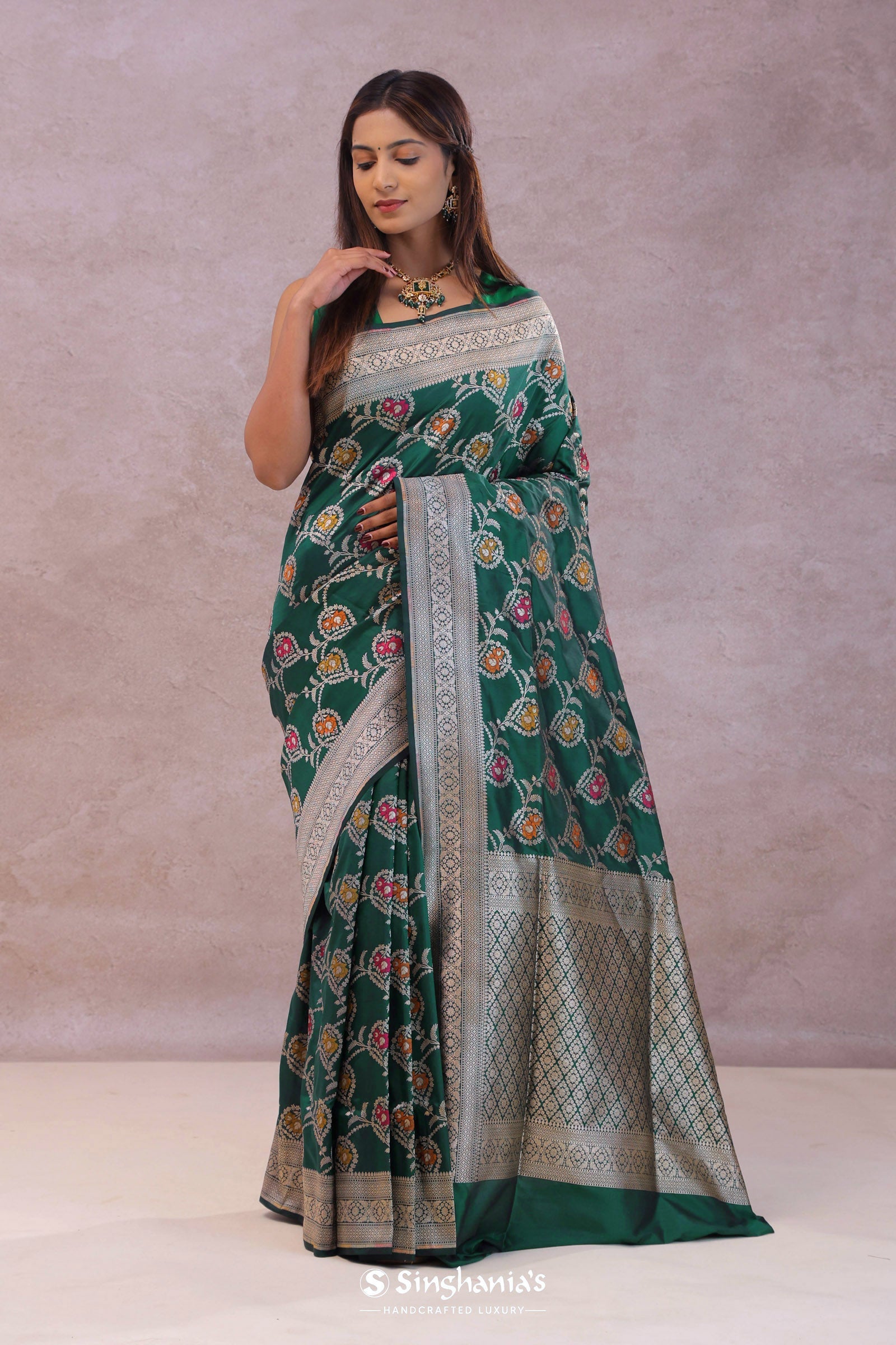 Bottle Green Banarasi Silk Saree With Meenakari Design