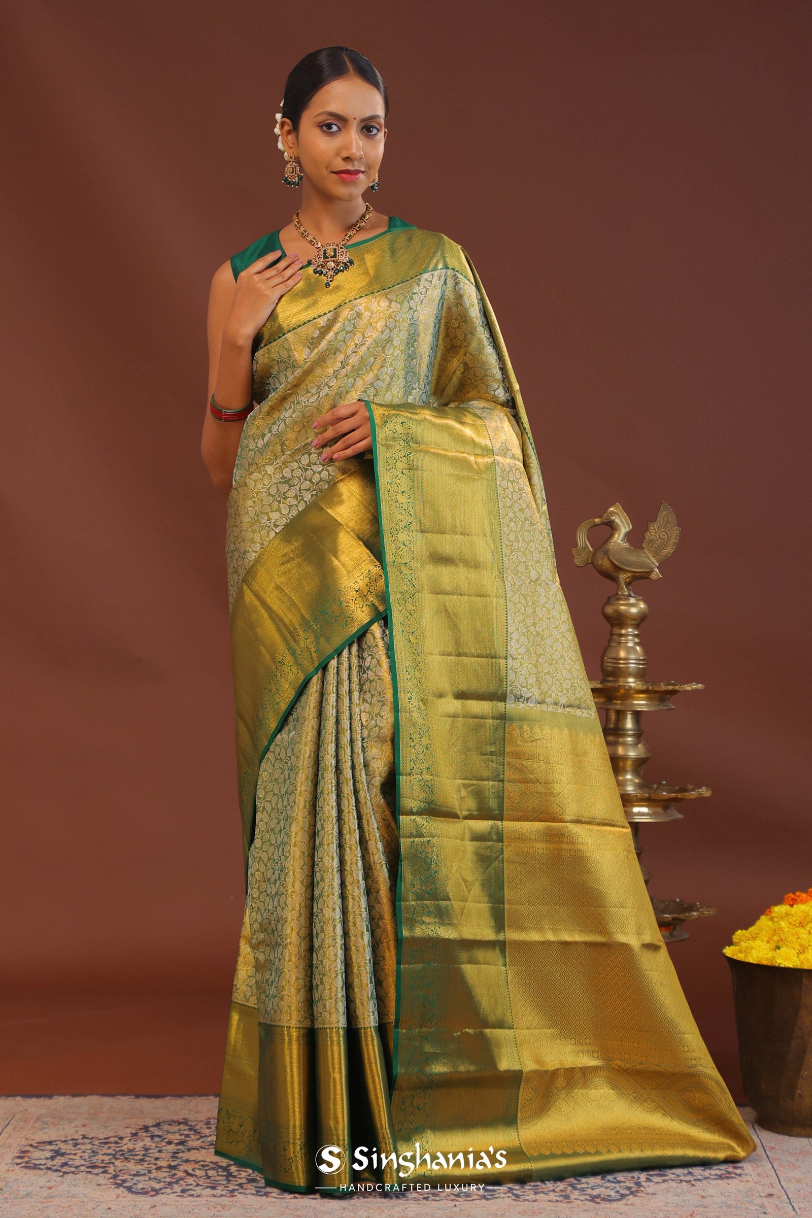 Dark Green Kanchivaram Saree With Gold Zari Border