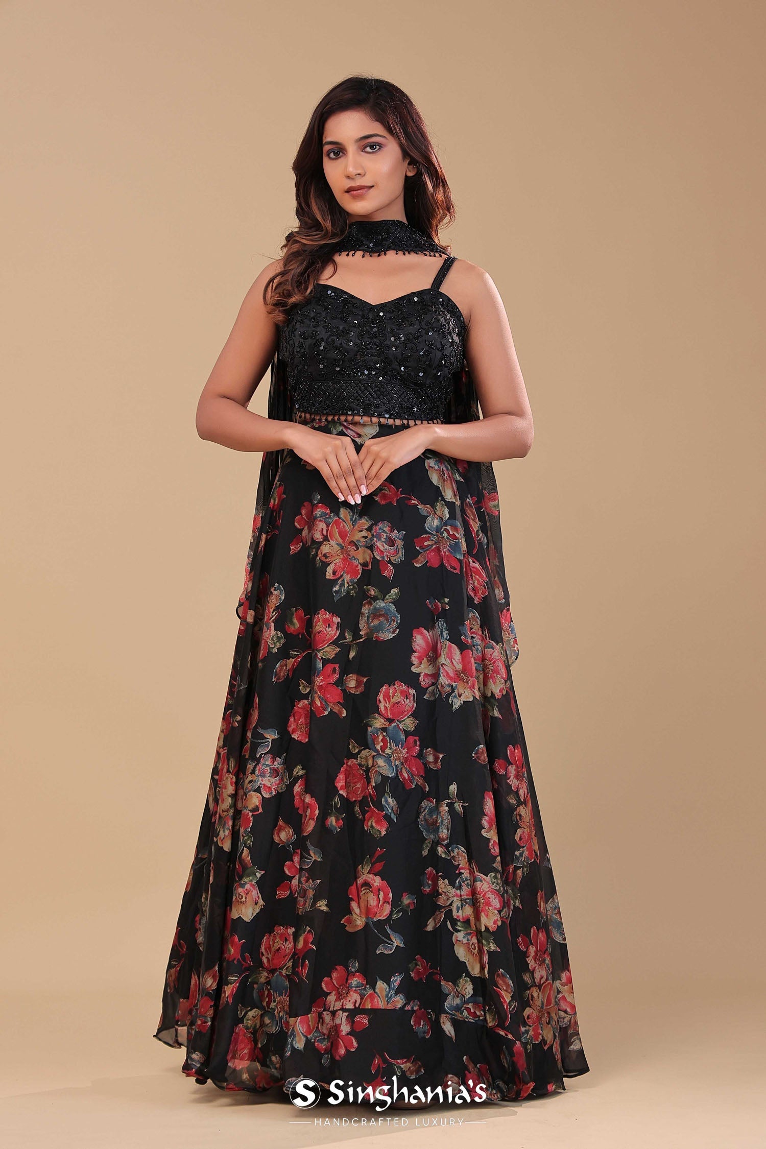 Black Georgette Lehenga Set With Sequins And Beads Work