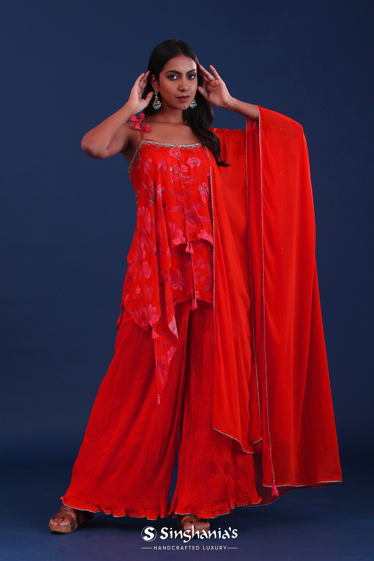 Bright Red Crepe Silk Floral Printed Kurti Set
