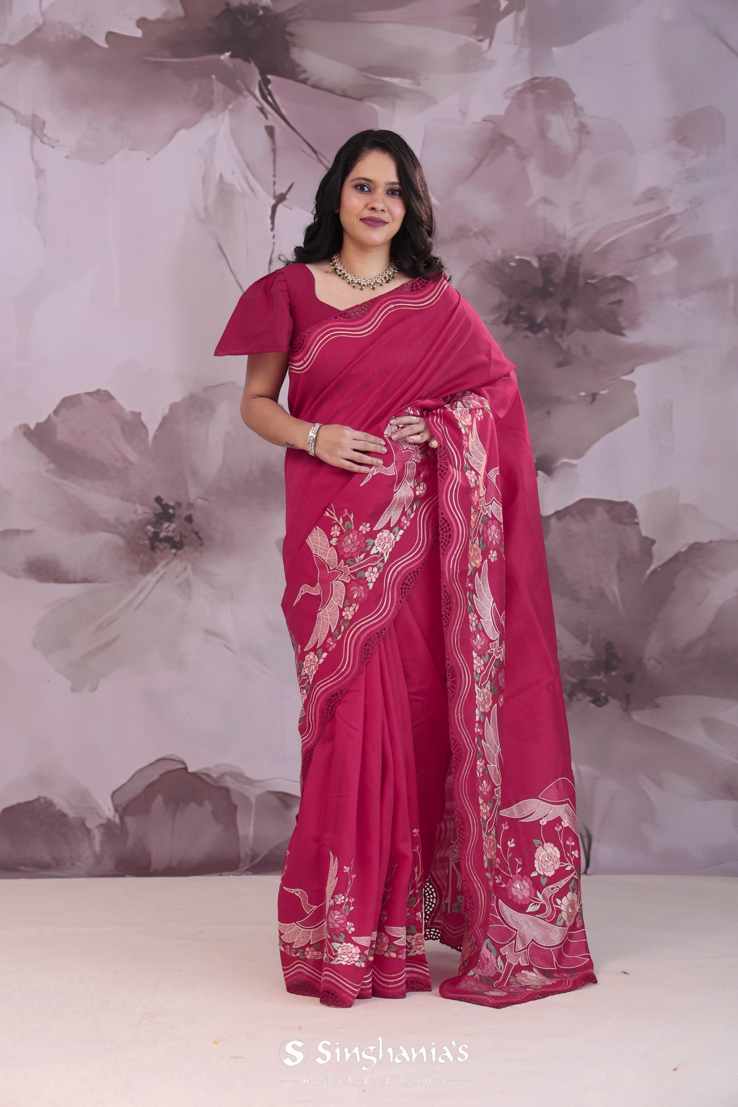 Bordeaux Red Tussar Saree With Embroidery Work