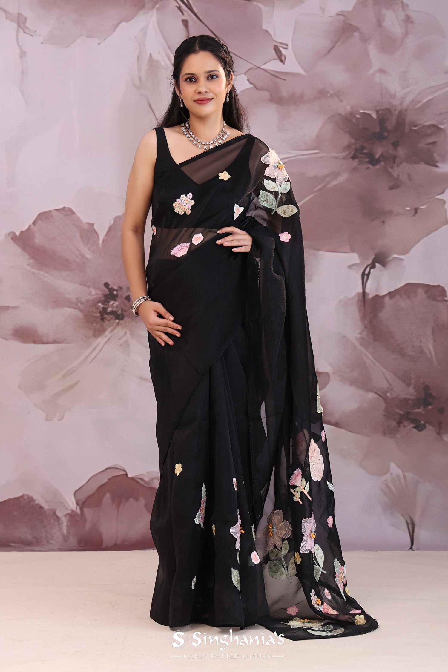 Black Organza Tissue Saree With Floral Embroidery