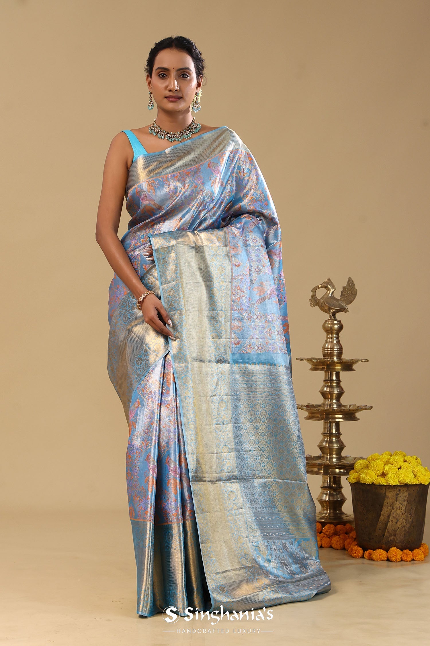 Blue Kanjivaram Tissue Saree With Meenakari Design