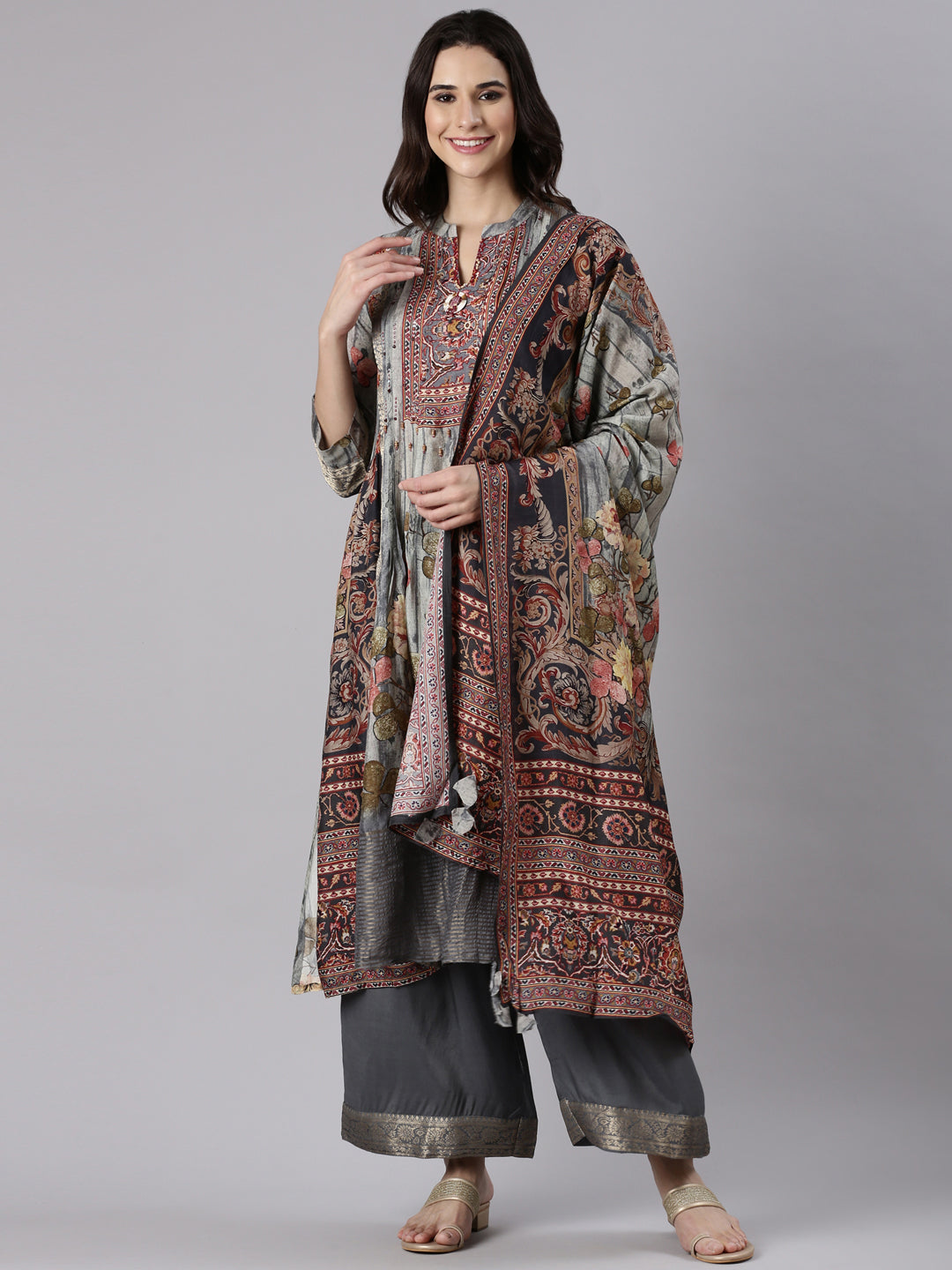 Gray Silk Ajrak Print Three Piece Set