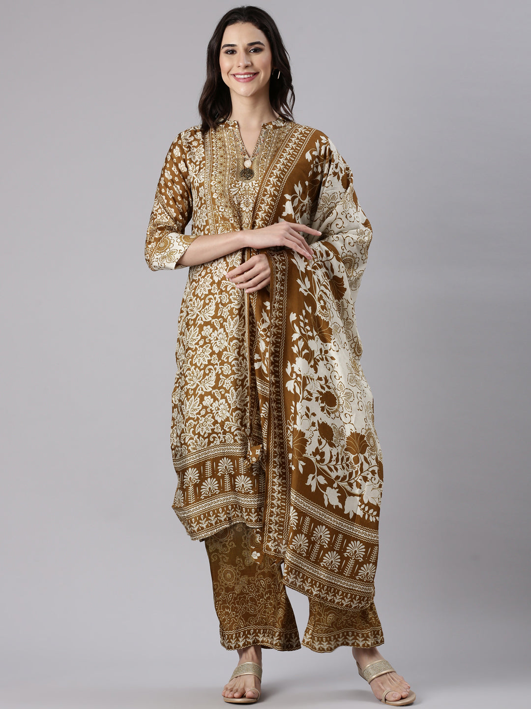 Brown Muslin Printed Three Piece Set