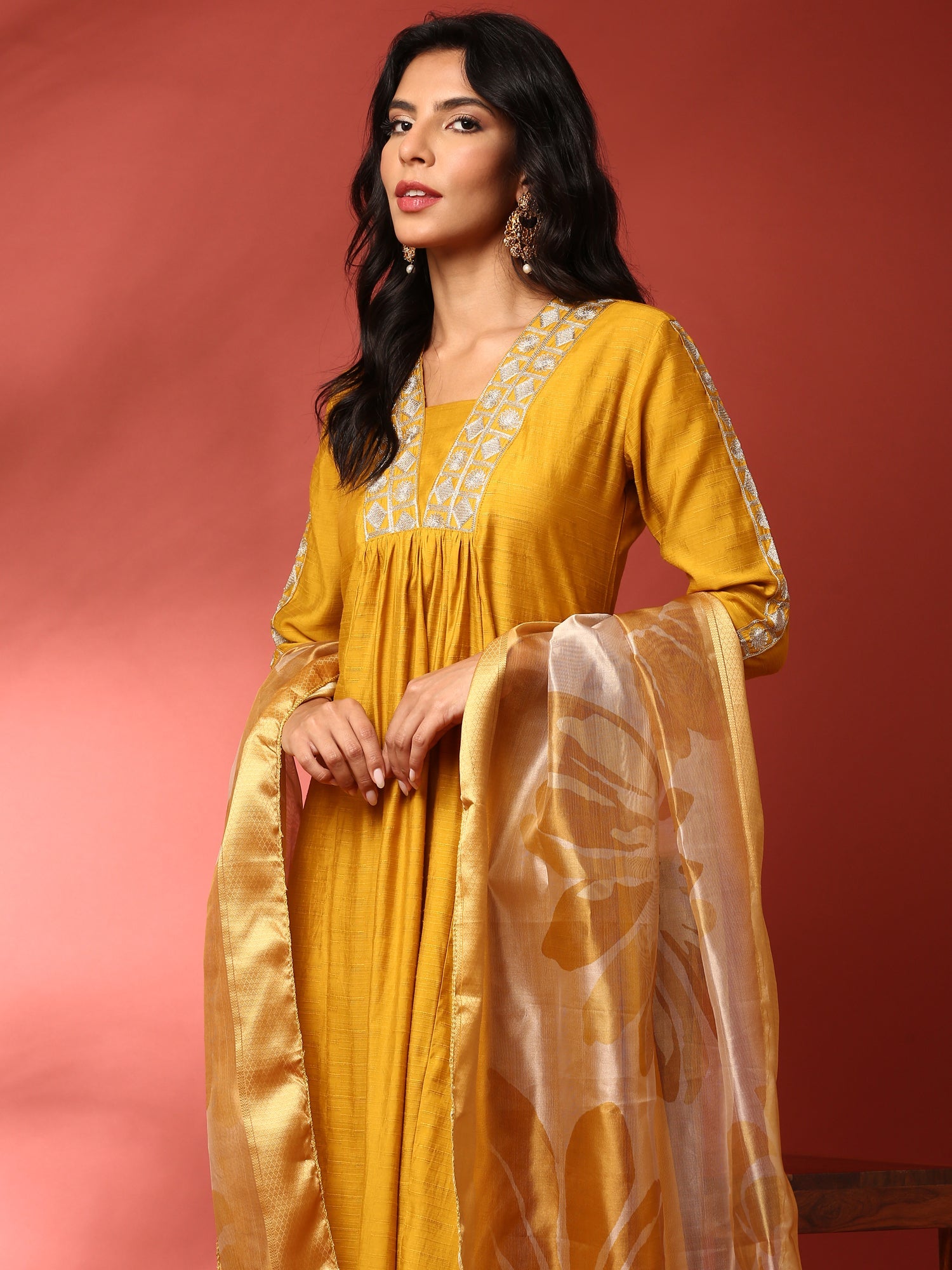 Mustard Silk embroidered three piece suit set