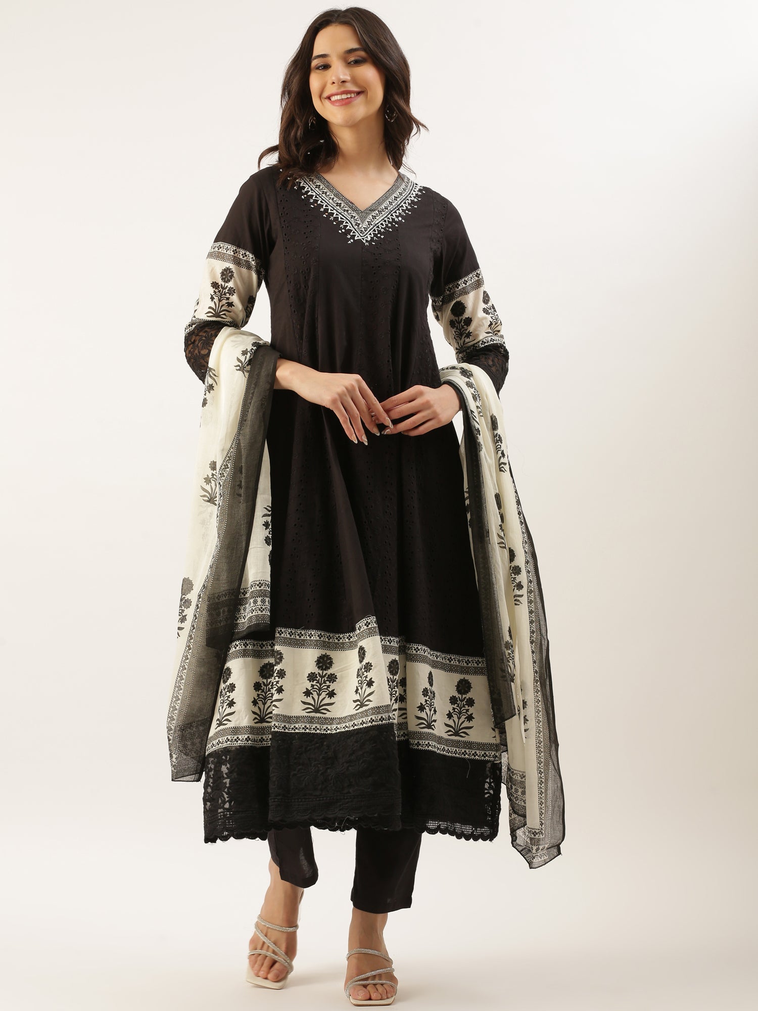 Black Chikan Anarkali Three Piece Suit Set