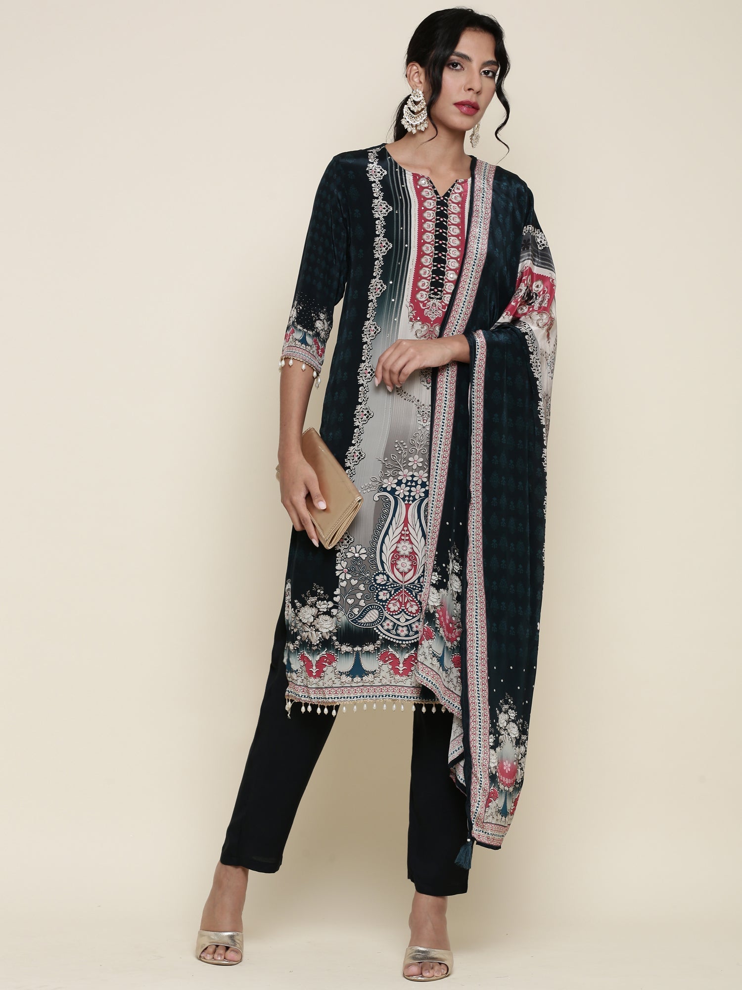 Deep Green Crepe Digital printed Three piece suit set