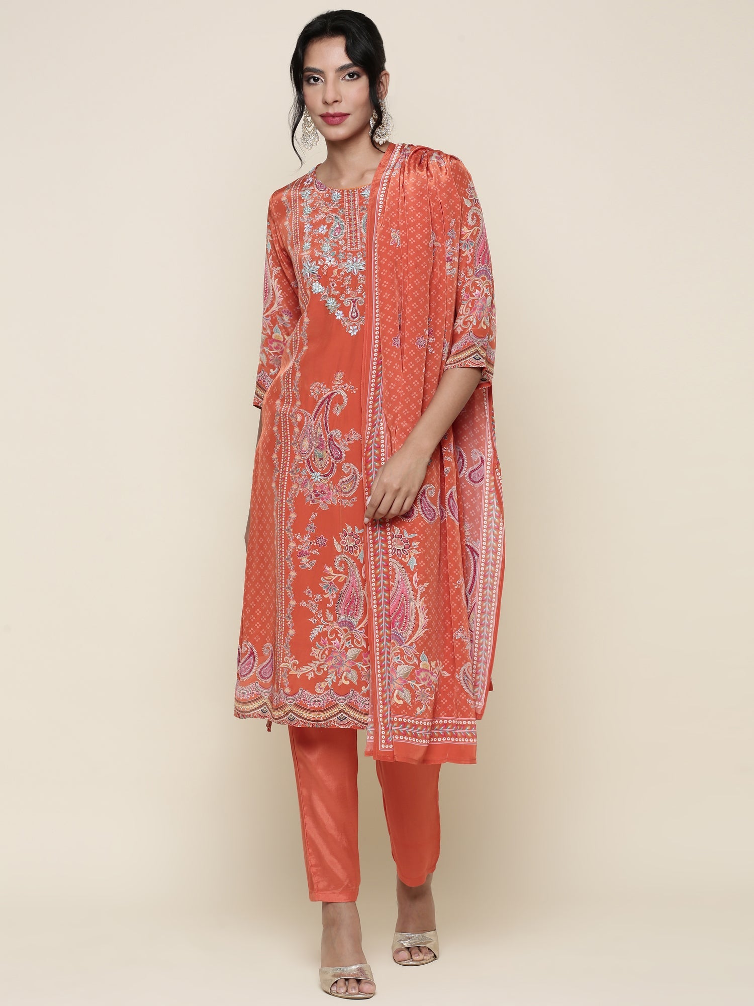 Burnt orange  Digital printed crepe Three piece suit set