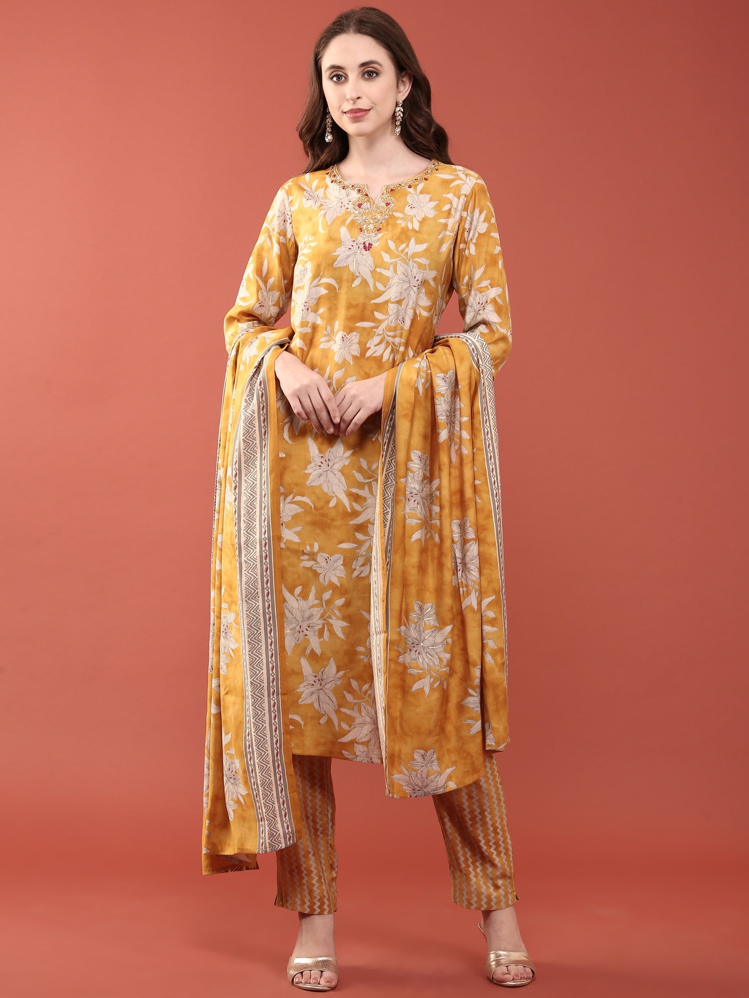 Mustard Dola Silk Floral Digital Print Three Piece Set