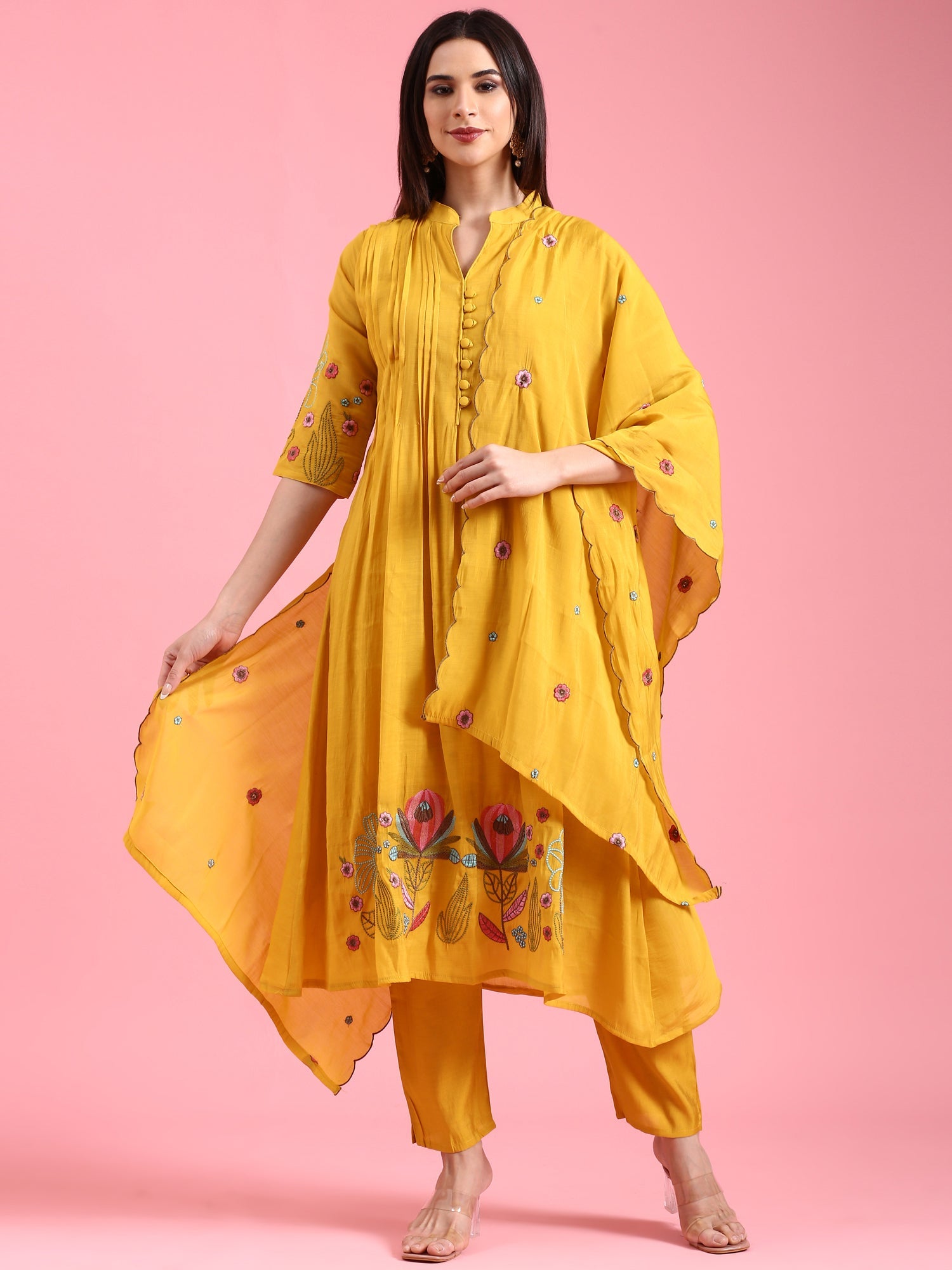 Mustard Chanderi Embroidery Aline Three Piece Suit Set