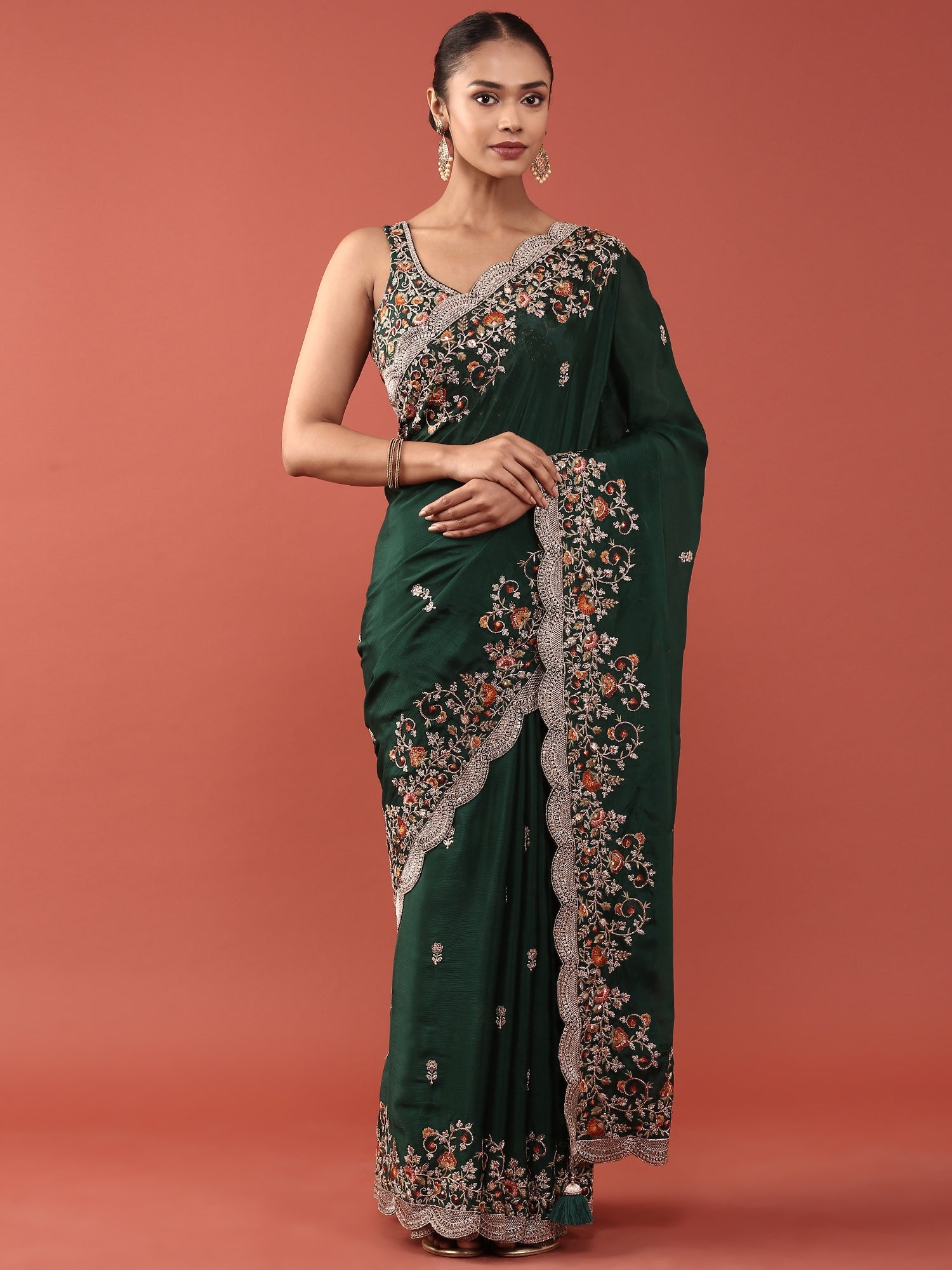 Bottle Green Crepe Embroidery Saree With Readymade Blouse