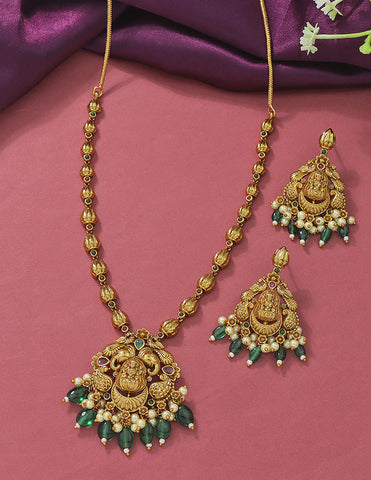 Designer Lakshmi Devi Emerald Matt Kempu Necklace Set