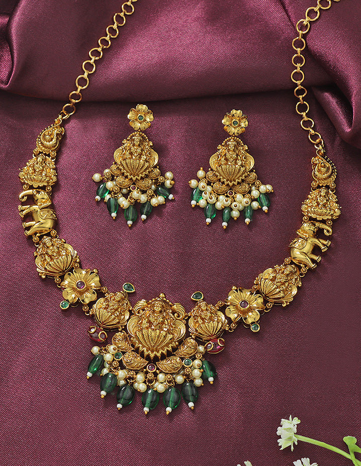 Designer Lakshmi Devi Emerald Matt Kempu Necklace Set