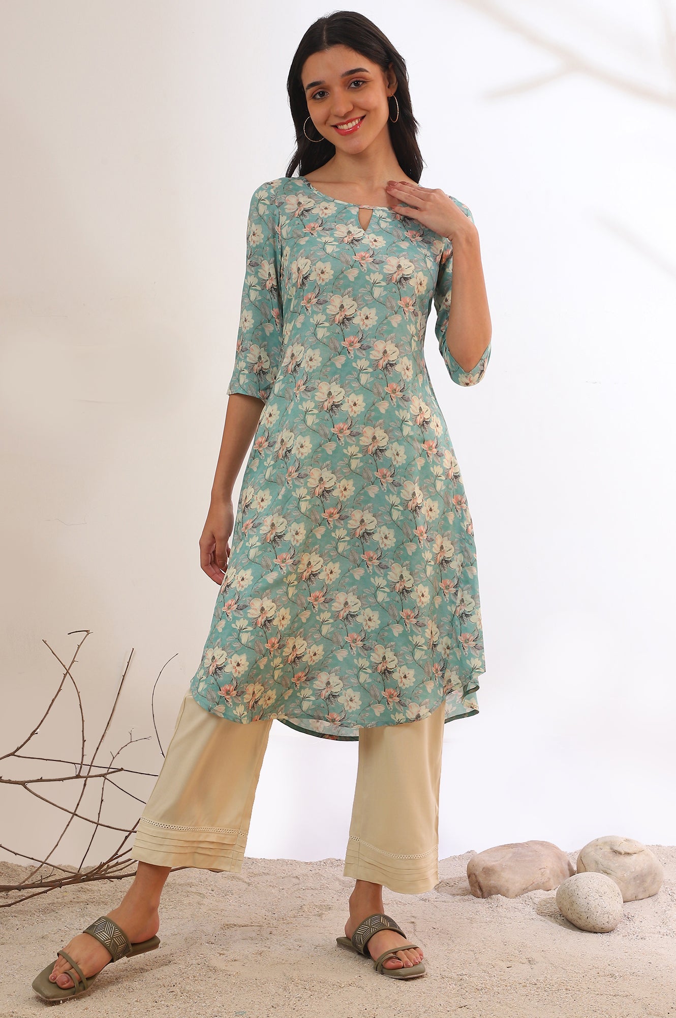 Blue Floral Printed Modal A-Line Kurta
