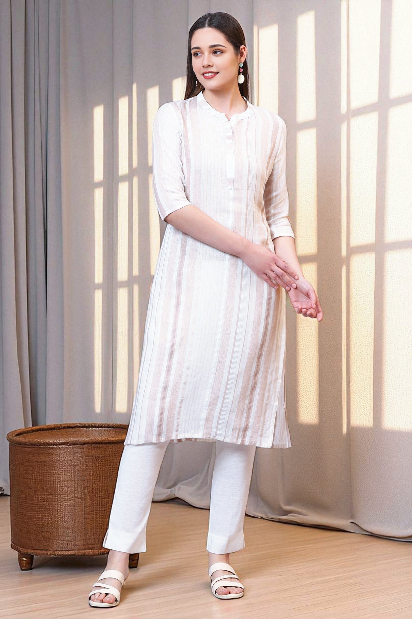 Beige Striped Rayon Flax Straight Kurta