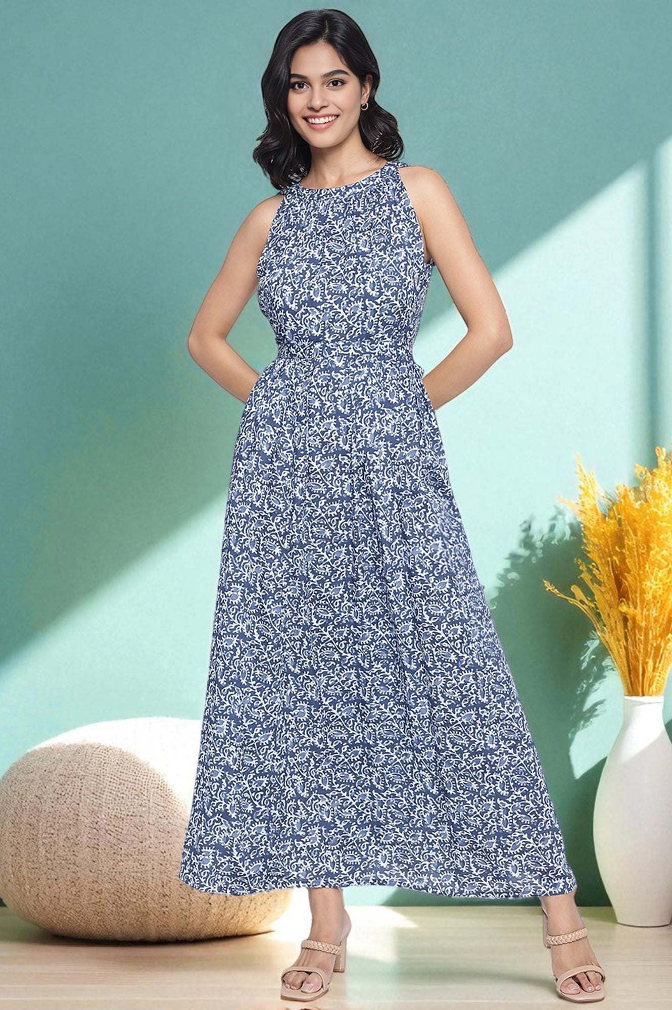 Blue Batik Printed Buttons Modal Flared Dress