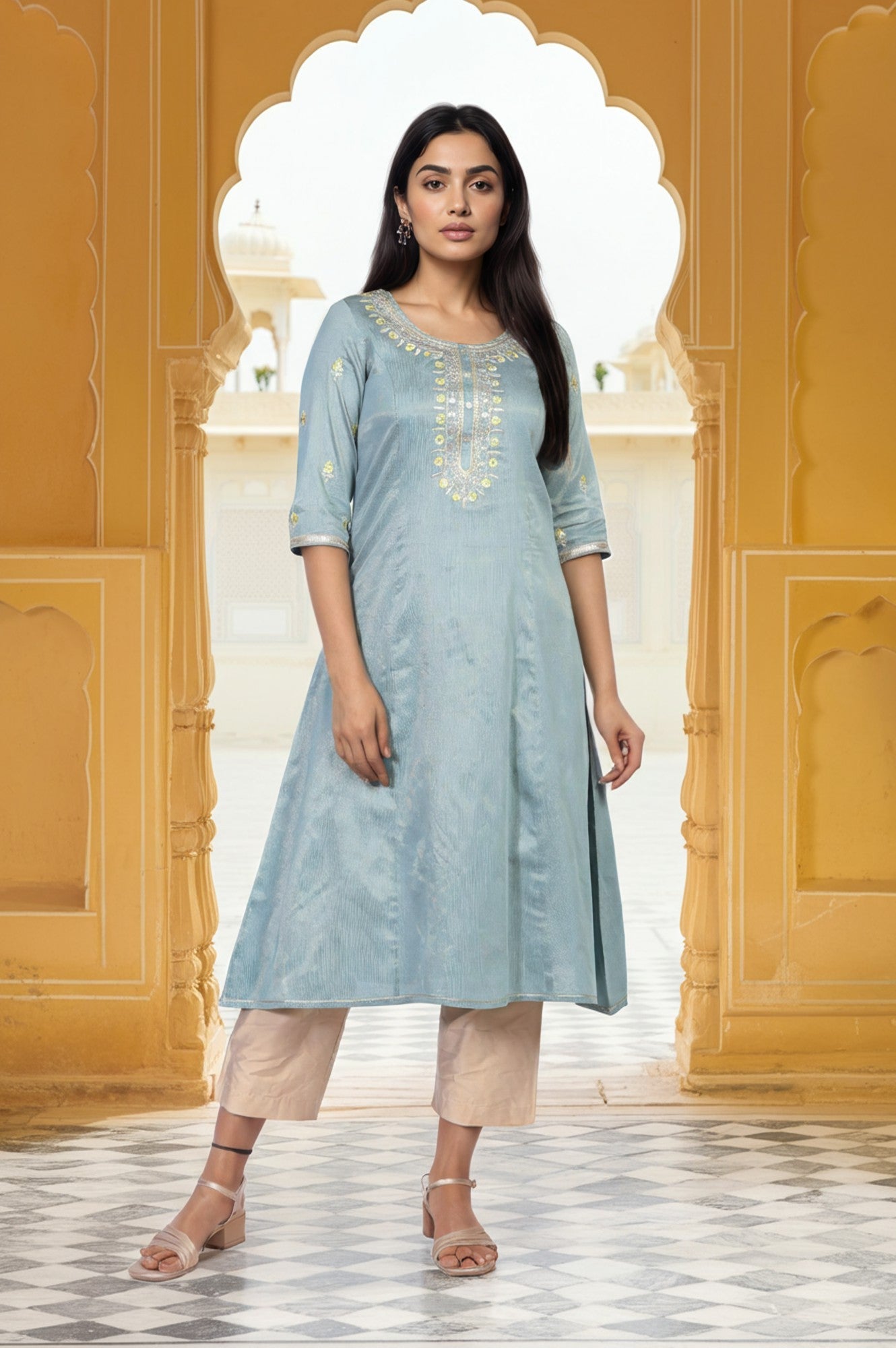 Blue Embroidered A-Line Viscose Kurta