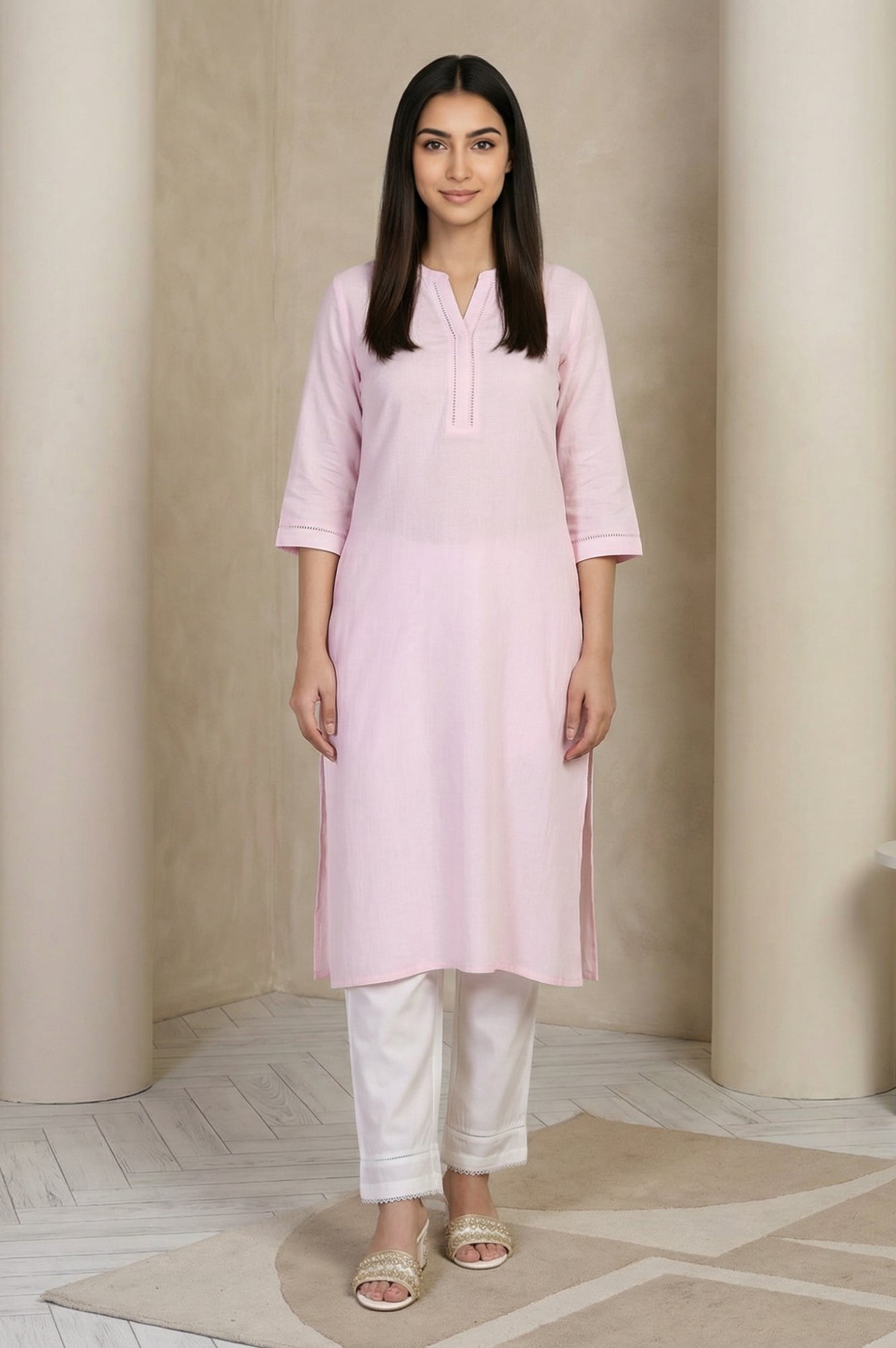 Pink Solid Lace Trim Straight Kurta