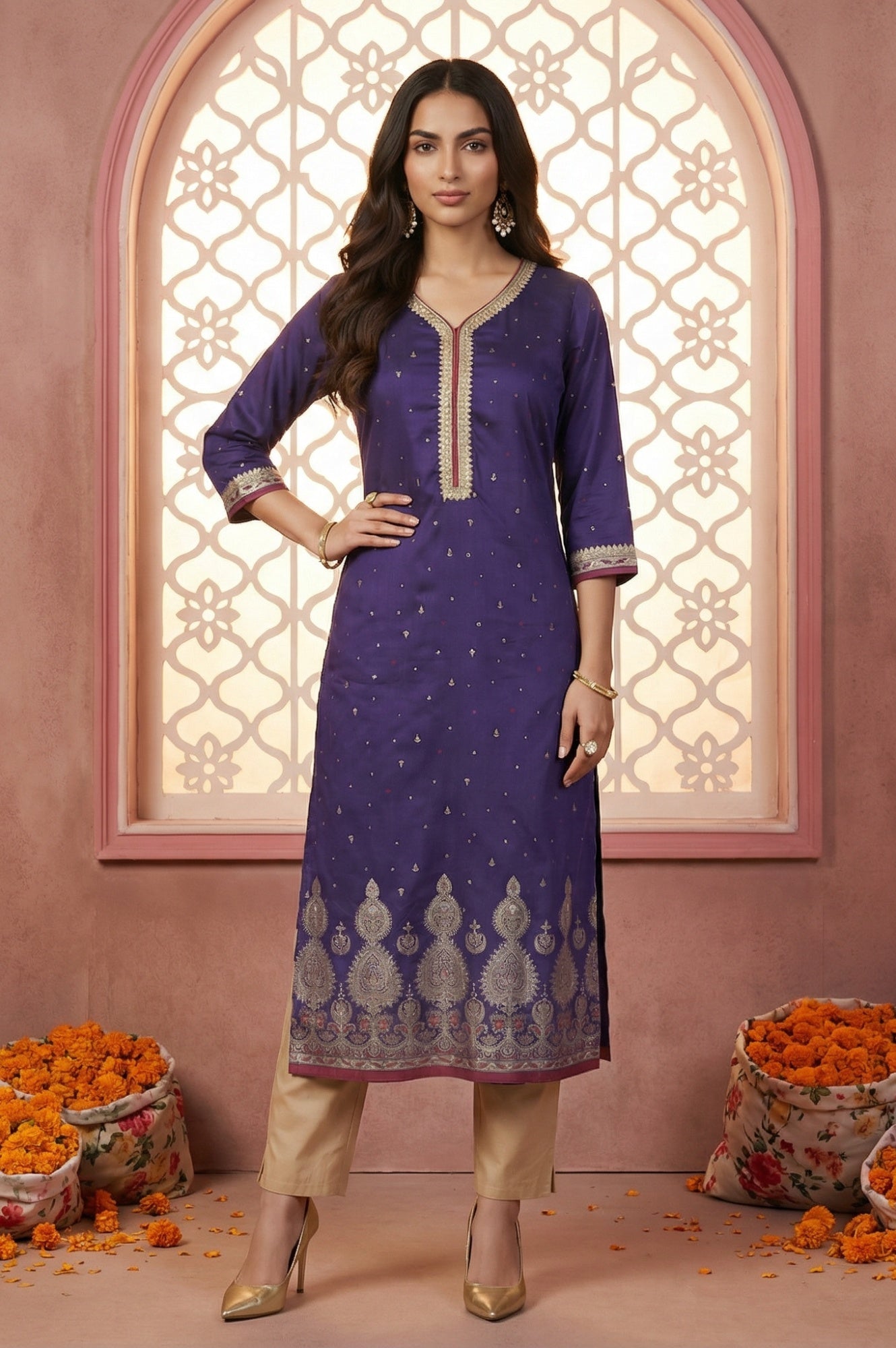 Purple Foil Printed Sequins Straight Kurta