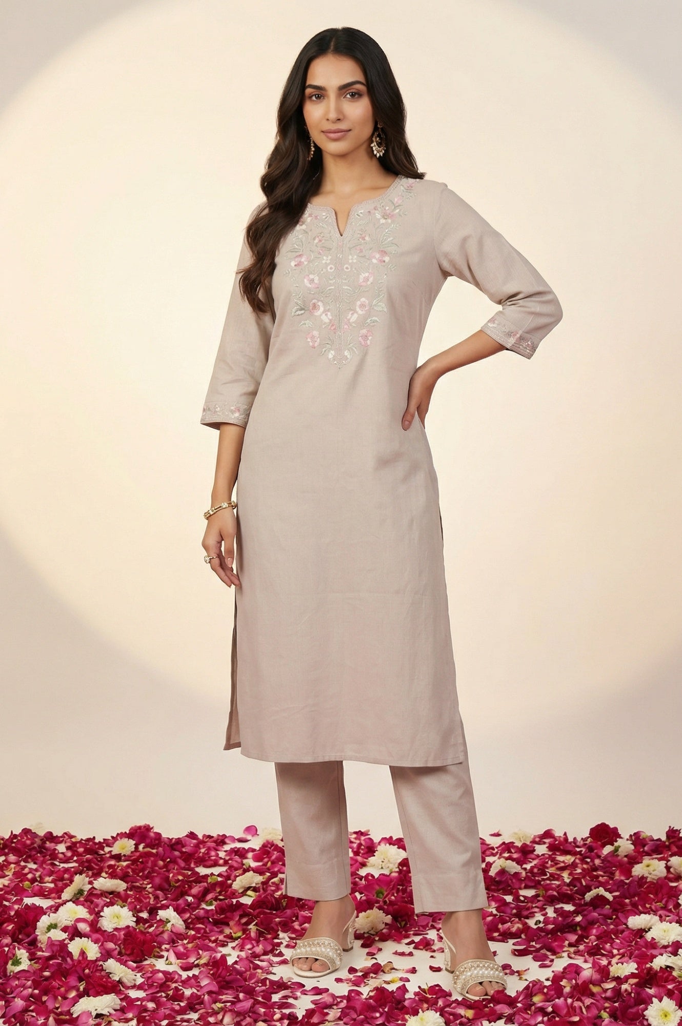 Grey Yarn Dyed Embroidered Sequins Straight Kurta