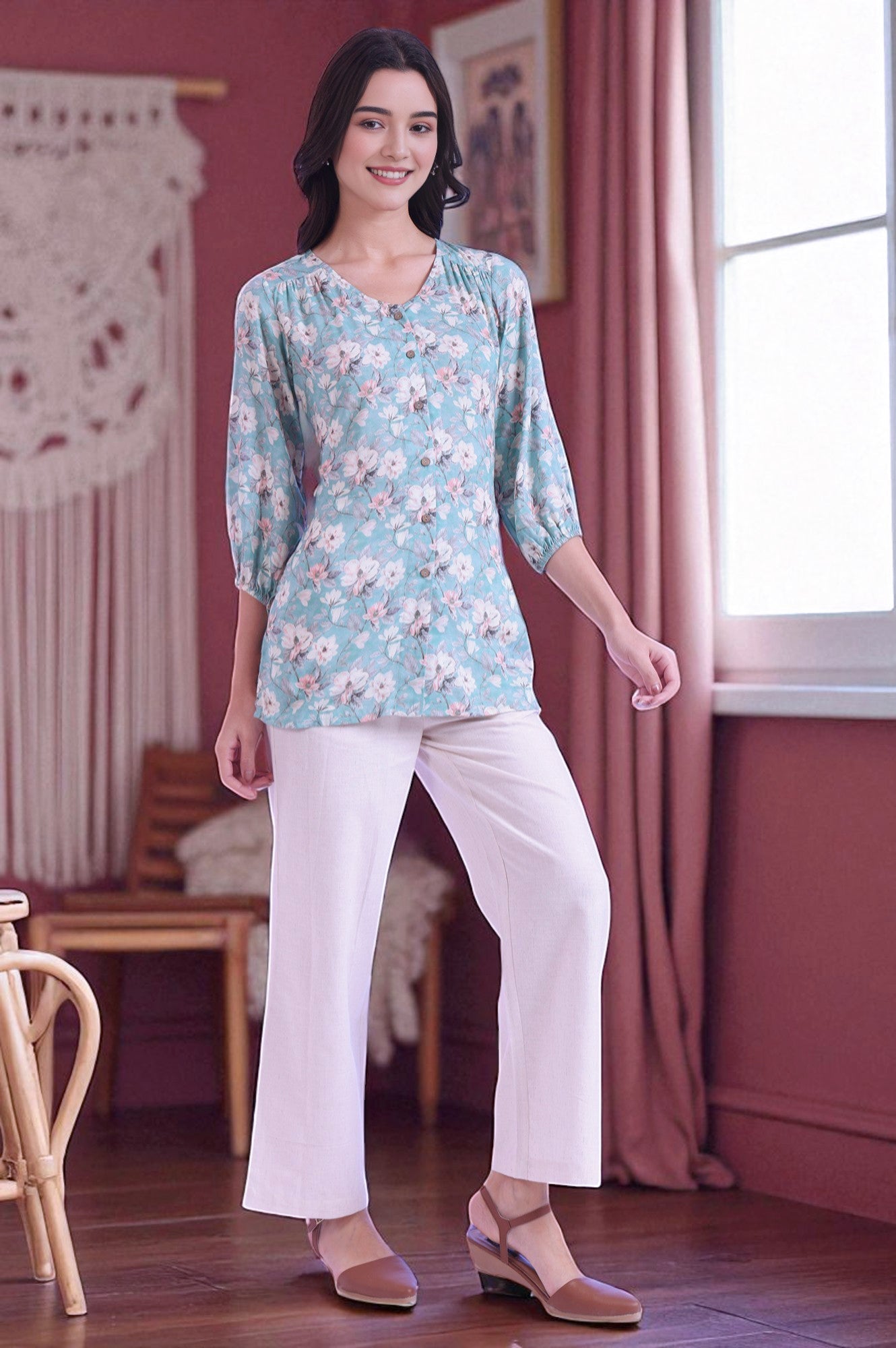 Blue Printed Straight Modal Kurti