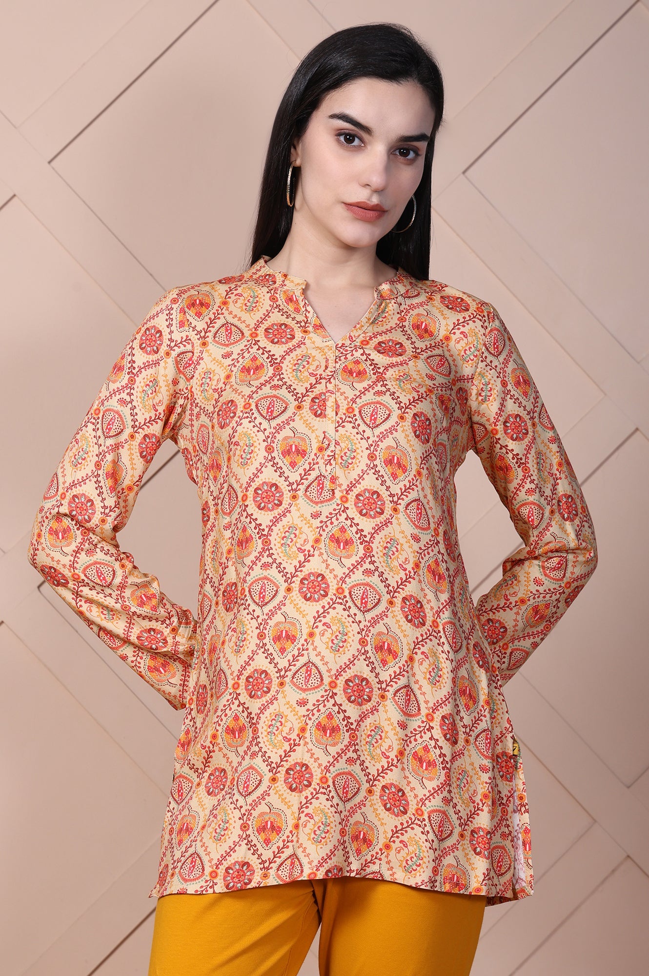 Beige Paisley Printed Straight Rayon Kurti