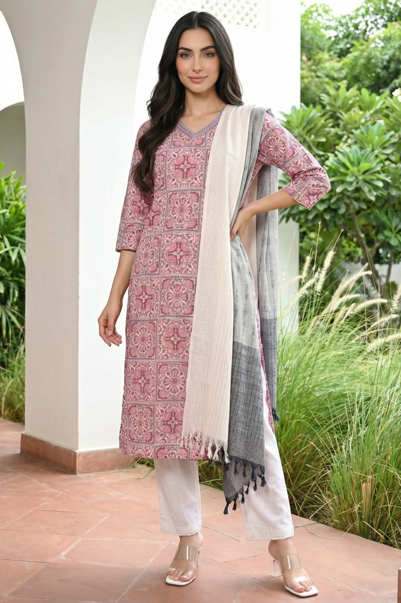Grey Yarn Dyed Tassels Striped Cotton Blend Dupatta
