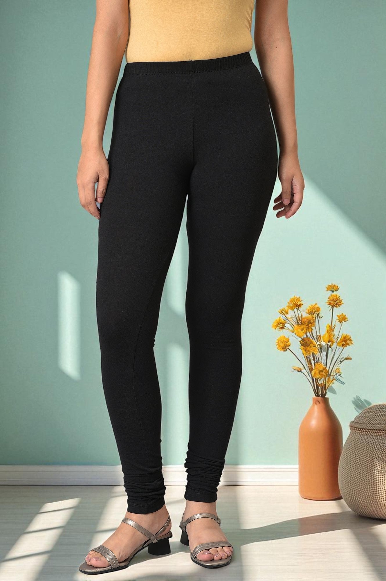 Black Solid Ankle Length Cotton Lycra Churidar