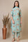Blue Floral Printed Cotton Blend Straight Kurta, Palazzos and Dupatta Set
