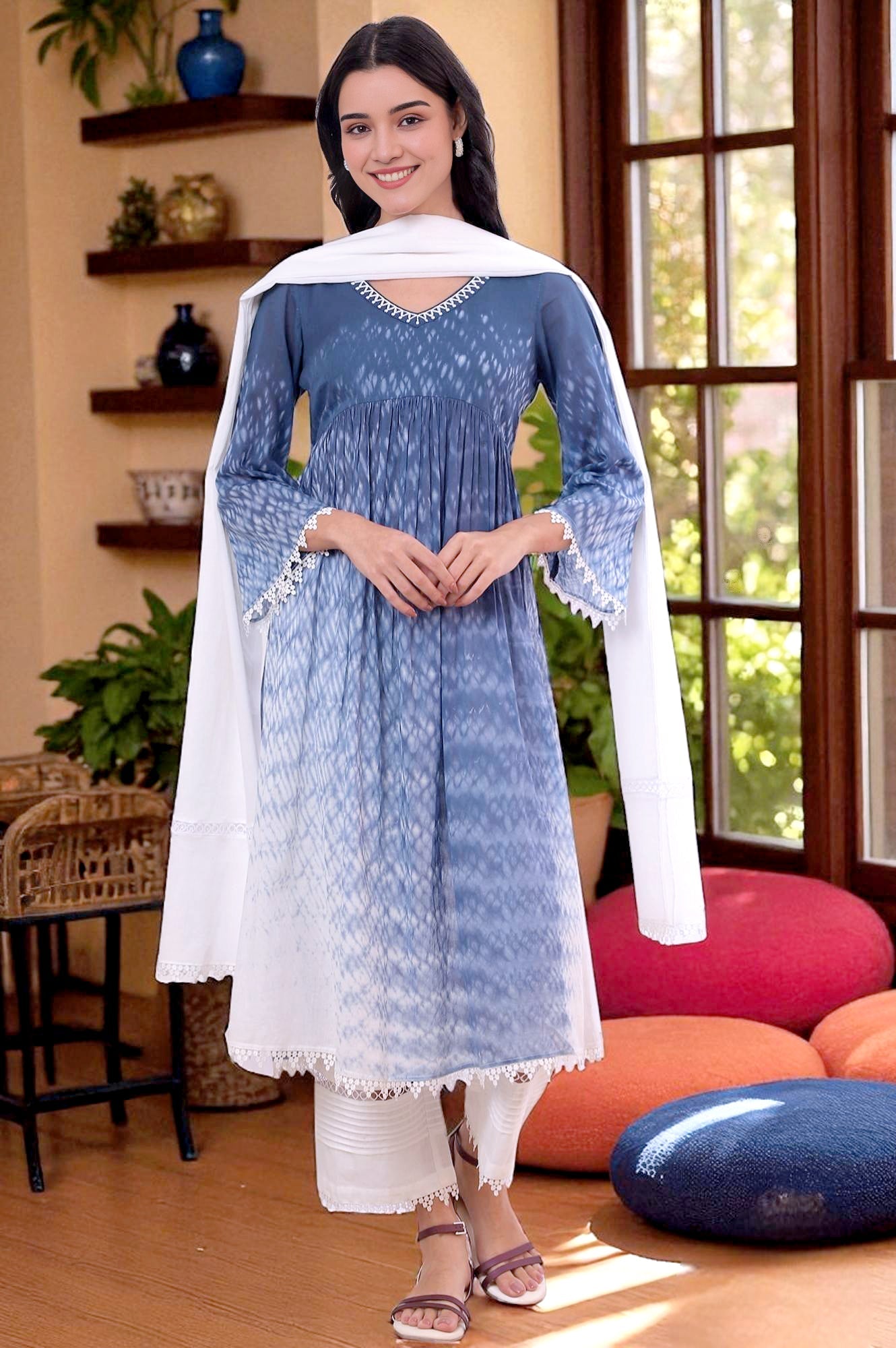 Blue Printed Pure Cotton Flarred Kurta with Palazzo & Dupatta Set