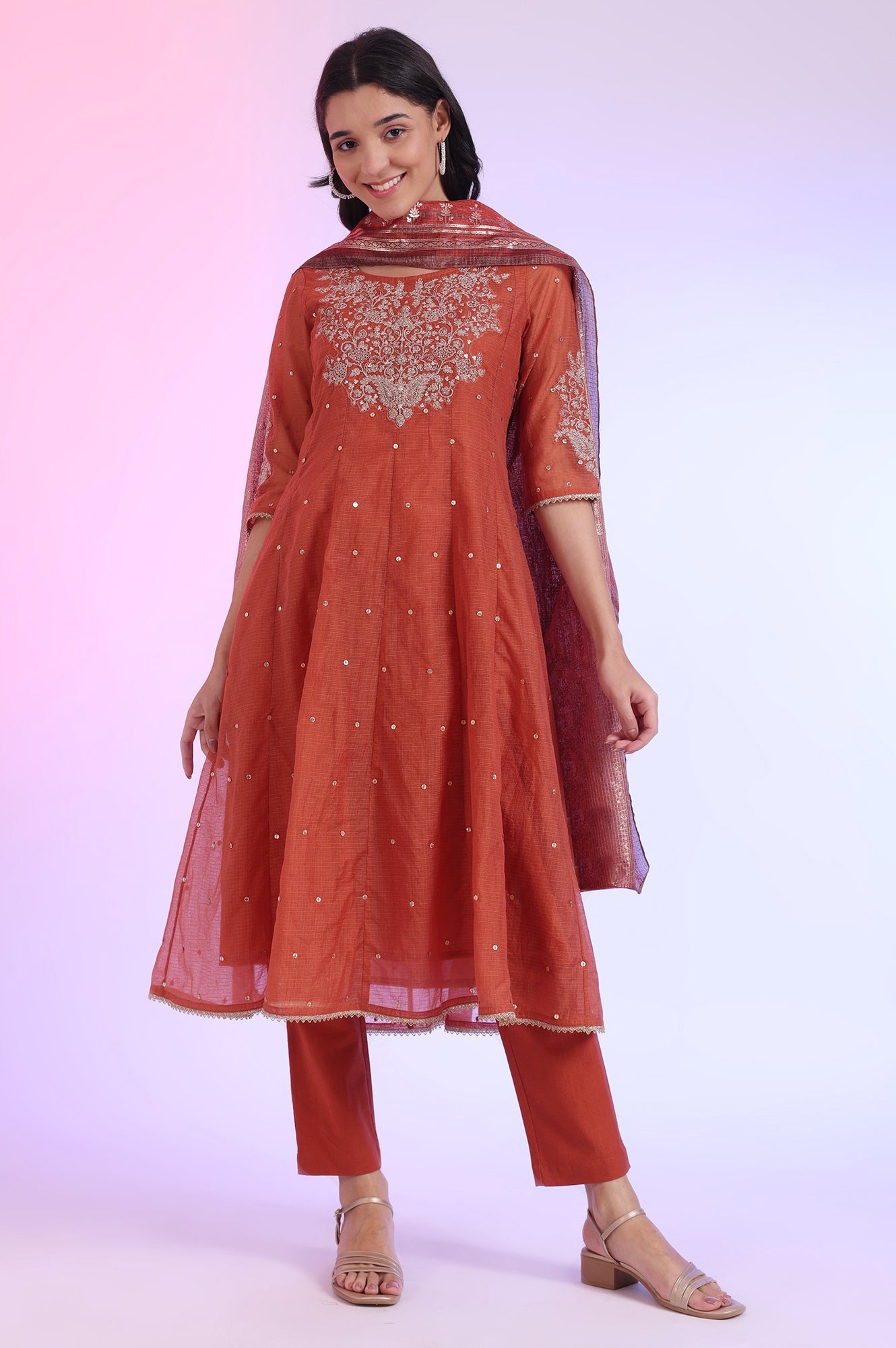 Brown Embroidered Anarkali with Trousers & Dupatta Set
