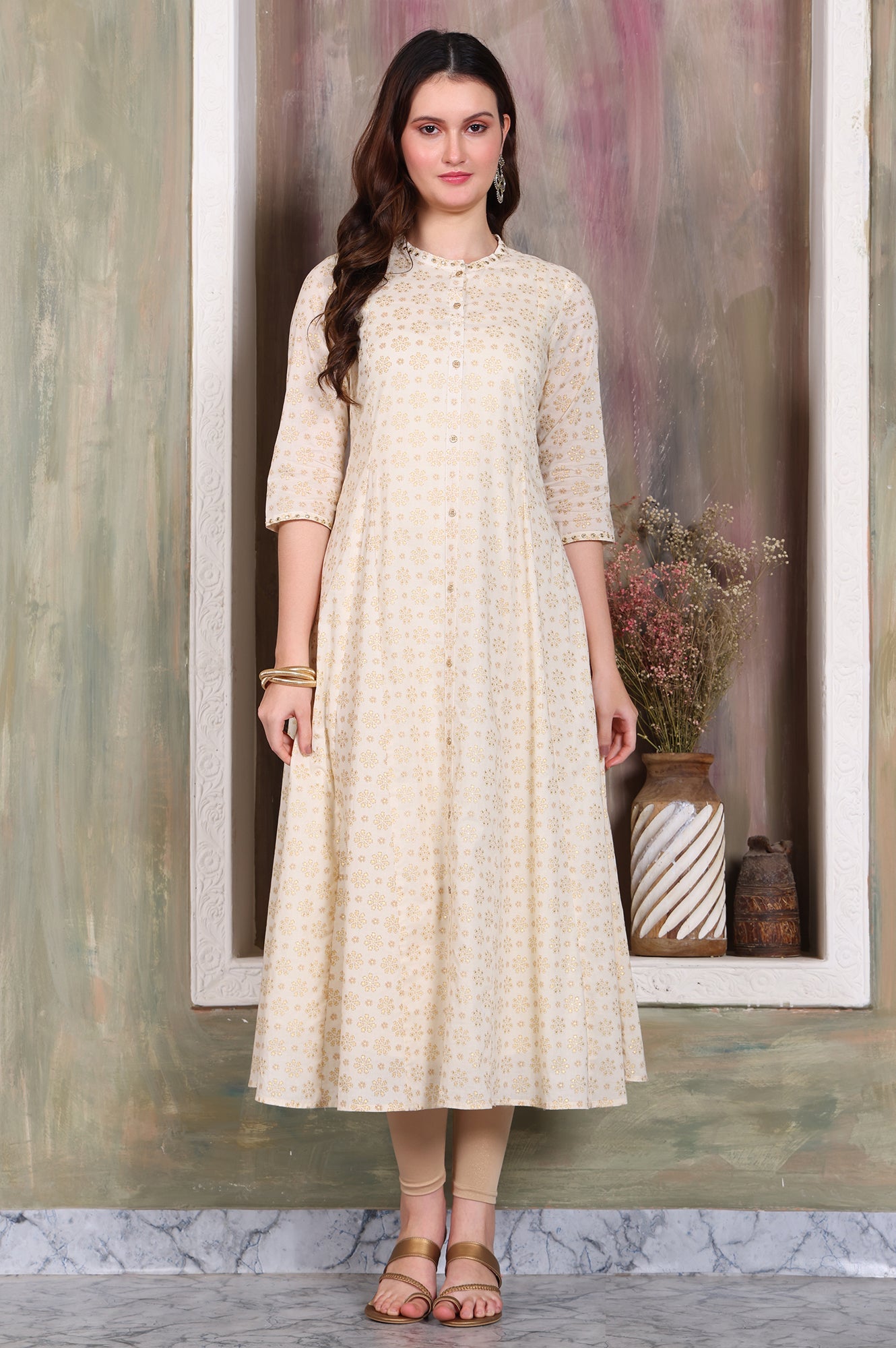 Beige Foil Printed Zari Embellished Anarkali Cotton Kurta and Legging Set