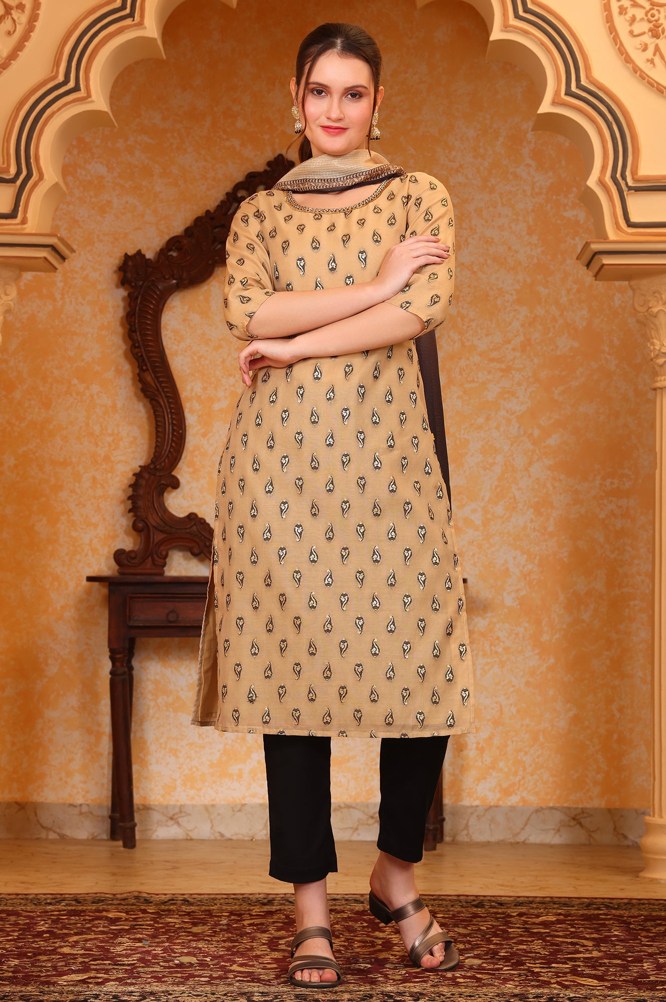 Beige Ethnic Motifs Beads Embellished Straight Jacquard Kurta, Trouser and Dupatta Set