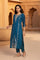 Blue Abstract Floral Sequined Straight Kurta with Trouser and Dupatta Set