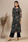 Black Floral Printed Straight Kota Kurta with Embroidered Neckline