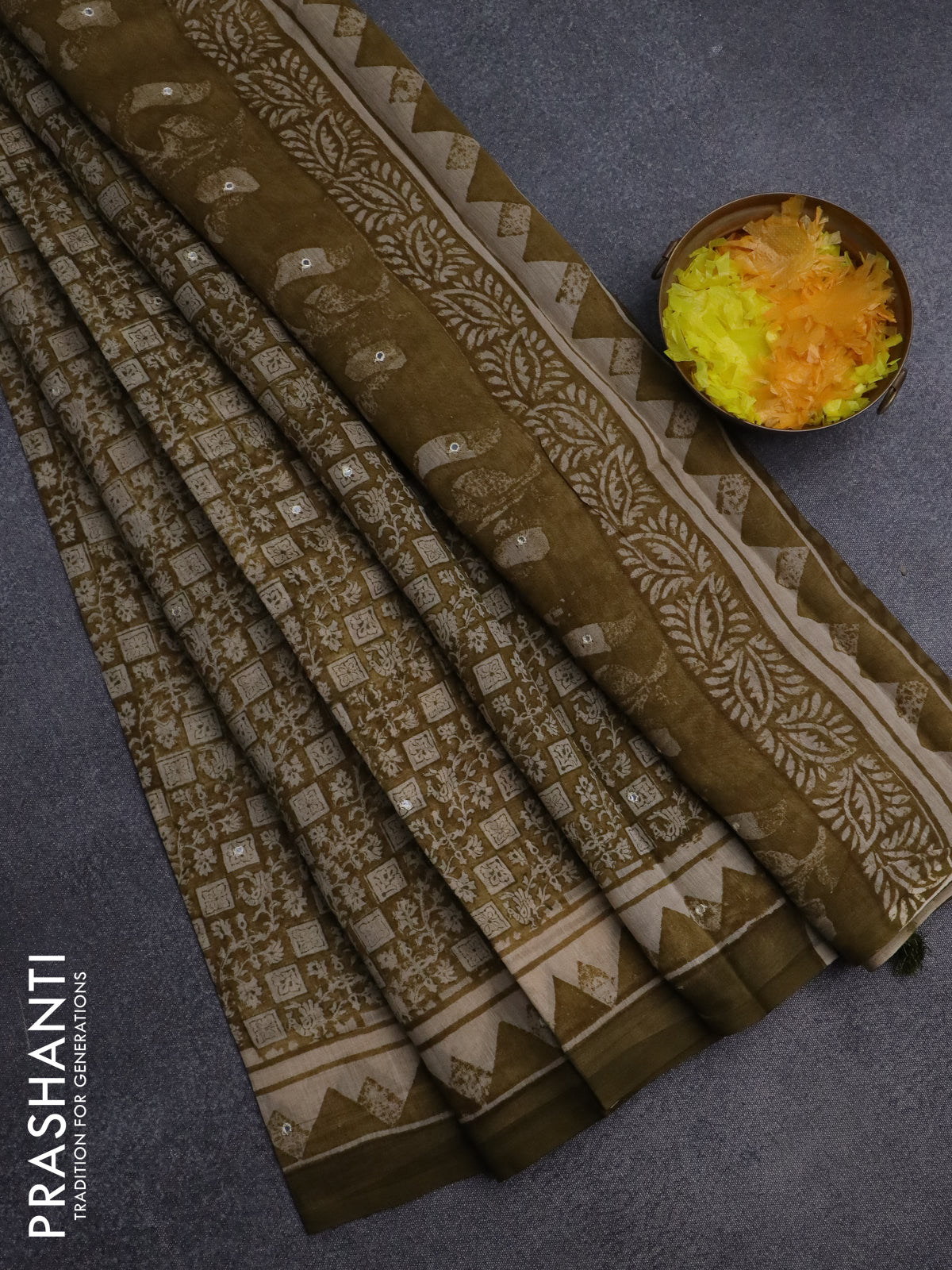 Chanderi silk cotton saree mustard green shade with allover prints & mirror work and mirror work printed border